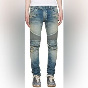 Balmain Biker Moto Distressed Japanese Denim Jeans